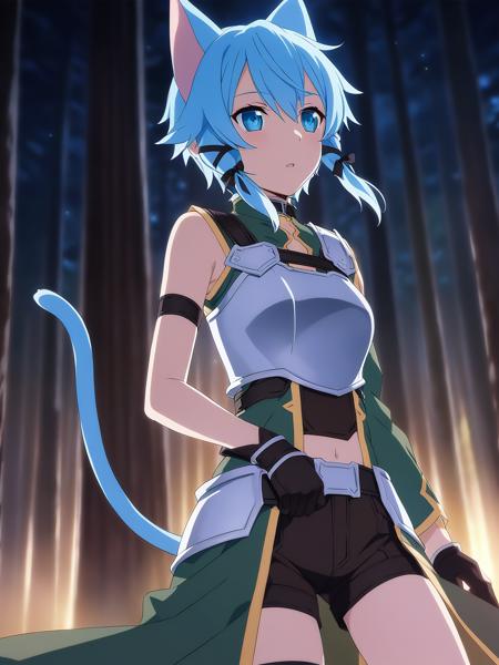 sinonalo, blue eyes, short hair, blue hair, sidelocks, hair ribbon, cat ears, armor, breastplate, shorts, midriff, cat tail, gloves, asymmetrical sleeves, medium breasts, 1girl, solo
BREAK
dense forest, night, dappled moonlight, depth of field, cinematic, game cg, anime screencap, official art, masterpiece, best quality
<lora:dssinon_a3b:1>