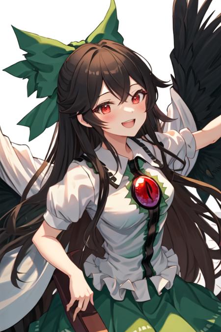 best quality, masterpiece, highres, solo, {reiuji_utsuho_touhou:1.15}, bow, long_hair, hair_bow, green_bow, red_eyes, wings, third_eye, black_hair, black_wings, smile, brown_hair, cape, arm_cannon, breasts, 1girl, looking_at_viewer, open_mouth, blush