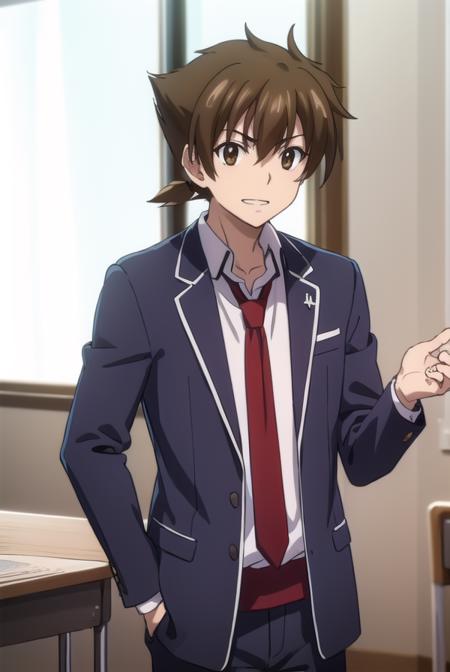 isseihyoudou, <lora:issei hyoudou anime s1-lora-nochekaiser:1>,
issei hyoudou, brown hair, (brown eyes:1.5), male focus, smile, grin,
BREAK long sleeves, school uniform, jacket, necktie, pants, black jacket, red necktie,
BREAK indoors, classroom,
BREAK looking at viewer, (cowboy shot:1.5),
BREAK <lyco:GoodHands-beta2:1>, (masterpiece:1.2), best quality, high resolution, unity 8k wallpaper, (illustration:0.8), (beautiful detailed eyes:1.6), extremely detailed face, perfect lighting, extremely detailed CG, (perfect hands, perfect anatomy),