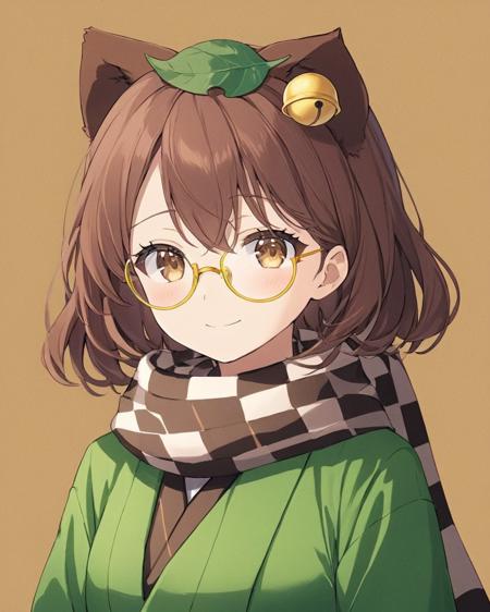 futatsuiwa mamizou,1girl, glasses, :3, solo, checkered_scarf, green_kimono, smile, looking_at_viewer, bell, closed_mouth, yellow-framed_eyewear, upper_body, round_eyewear, leaf_on_head, bow, long_sleeves, under-rim_eyewear, leaf_hair_ornament, white_background, brown_background, character_name
<lora:futatsuiwa_mamizou_image2346_2023-12-20-000010:1>,star-shaped_pupils,symbol-shaped_pupils,. gorgeous,key visual, vibrant, studio anime,award-winning, professional, highly detailed,high budget, cinemascope