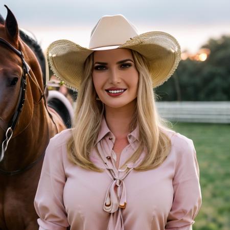 bdsm close up, beautiful smiling ivnktrmp woman posing as a hot  cowgirl  , wearing hat ,  tie front crop shirt , photo referenced, highest quality, high quality, (detailed face and eyes), dusk lighting, horses in the background