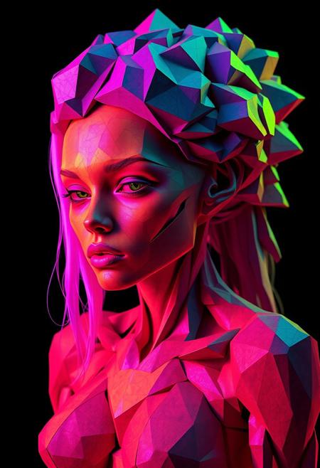 female subject, vibrant, multichromatic colors, raw, unrefined textures, harsh and angular geometric forms, distorted body shapes, minimalist design, sharp and jagged geometric patterns, interlocking polygons, fragmented figure, brutal edges, primal aesthetic, exaggerated features, fractal patterns, recursive shapes, infinite geometry, intricate fractal structures, neon glow, diverse color palette, saturated hues, stark lighting, psychedelic tones, dystopian vibe, sculptural appearance, unsettling, high resolution, photorealism, (severe expression:1.3), (overloaded multichromatic colors:1.6), (emphasis on sharp geometric form:1.6), minimal details, intersecting planes, fractured geometry, rigid structure, (blurry:-1.2), (ugly:-1.3), (cartoonish:-1.1), (smooth surfaces:-1.4), (polished:-1.3), (low quality:-1.2), (overly ornate:-1.5), (disjointed anatomy:-1.3), (soft lighting:-1.2), (noisy:-1.1), (bad composition:-1.3)