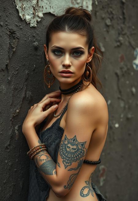A beautiful woman, slender, tribal meets bohemian, tattoos, piercing, bohemian jewelry, modern, textured peeling wall in background, graphite, raw, gritty, dirty, mix of colors & materials, intricate, detailed, fashion photography
