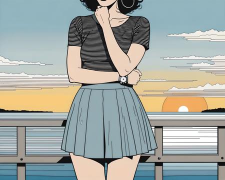 Fit, thigh gap, skirt, Radial balance, Sunrise, Water, Ellipse, ultra detailed, intricate,,art by Adrian Tomine,captured, in tears, handcuffed
