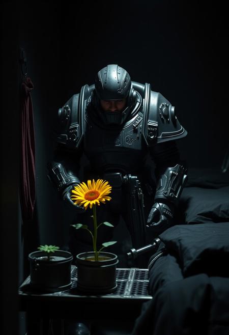 in the grim darkness of the far future there is only war.
but one single UltraM40k boy stands in his small dark room and waters his tiny Sunflower on the metal table next to his black bedroll. cold dimm light illuminates the trist room and his grim but somehow happy look. his power armor is clean and shows every detail and every crack and bullet hole from the fights he has barely won. sharp shadows empowering the contrast of the low angle shot,. Shot with a full-frame DSLR, 85mm lens at f/1.8 for shallow depth of field, ISO 400, 1/100 shutter speed. Cold dimm light enhanced with slight post-processing contrast boost and neutral tone grading. balancing sci-fi horror with dark fantasy. dark gothic warhammer30k theme.