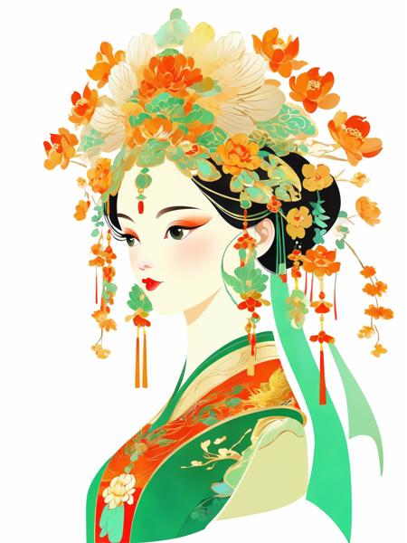 chahua,
1girl,Chinese style,Vector illustration,Chinese eenchanting Maiden,Gorgeous clothes reflect the eyes, beautiful as a flower you guess. Headdress gold and jade are bright, charming in the heart,Chinese traditional minimalism,Chinese classicism figure illustration,Colorful decor,white background