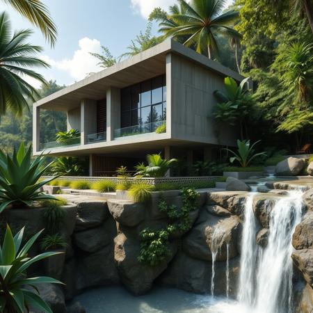 A futuristic concrete brutalist modern house on a waterfall inspired from a famous architect, with exotic luxuriant vegetation around, in a tropical jungle setting, photorealistic, a masterpiece, 4K, high details, view from close, wide lenses camera