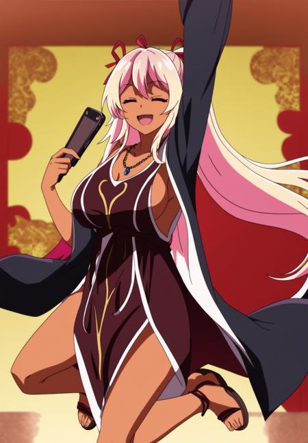 <lora:dakini:0.8>, dakini, 1girl, long hair, smile, open mouth, blonde hair, large breasts, dress, ribbon, holding, jewelry, very long hair, closed eyes, hair ribbon, pink hair, solo focus, dark skin, necklace, arm up, red ribbon, dark-skinned female, underboob, ^_^, phone, sandals, pointing, robe, jumping, pointing up