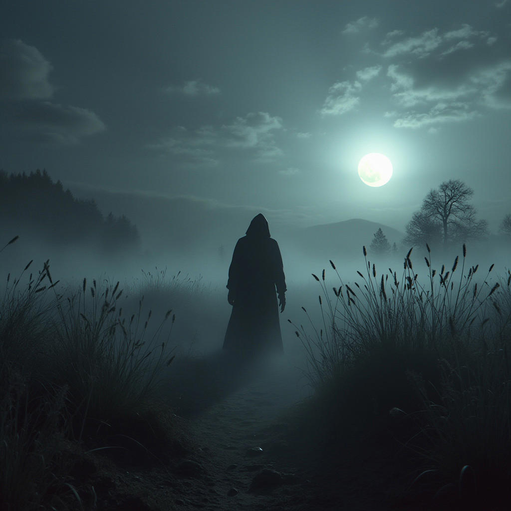 Epic photo of an Haunted Soul in an Enchanted Prairie. post apocalypse world with ominous intricate details. Fog or haze floating on  the ground. The moon piercing through the clouds. The silhouettes of tall brush in the distance.  A neo noir film gradient style