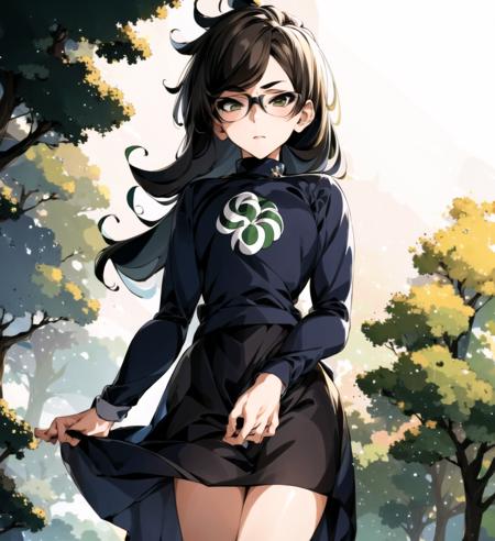 masterpiece, great quality, 1girl, Jade Harley,  long sleeves, skirt, outside, standing, looking at viewer