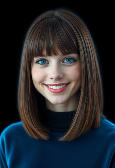 a holographic woman, shoulder length brown hair, short straight bangs, extremely beautiful, face focus, head and shoulders only, simple black background, glowing blue, transparent, friendly smile, blue eyes