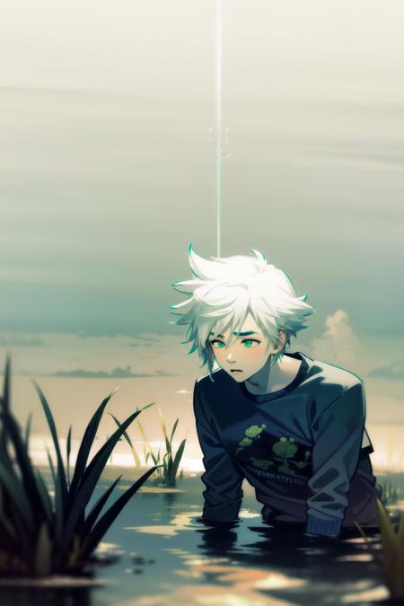 swamp, foggy, detailed background, surreal, solo, 1boy, male, furled brow, white hair, aqua eyes, blue crewneck, sunbeam <lora:kukka_style_v02.05.05.01:1>