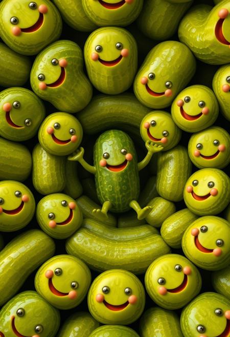 In a whimsical, hyper-realistic image, a smiling, dancing pickle is nestled within another identical pickle, which is in turn nestled within another, and another, and another, creating an infinite regression of joyful, twirling pickles. Each pickle is a precise, detailed replica of the one surrounding it, with intricate textures, ridges, and brine-soaked surfaces. The pickles' smiles are wide and infectious, with tiny, gleaming eyes that sparkle with delight. The dancing poses are dynamic and carefree, with each pickle's limbs and body curved in a joyful, fluid motion. The infinite repetition creates a dizzying, kaleidoscopic effect, drawing the viewer's eye into the center of the image, where the pickles seem to disappear into a tiny, infinitely receding point. Highest-Quality, 4k, intricate details, visually stunning, Masterpiece