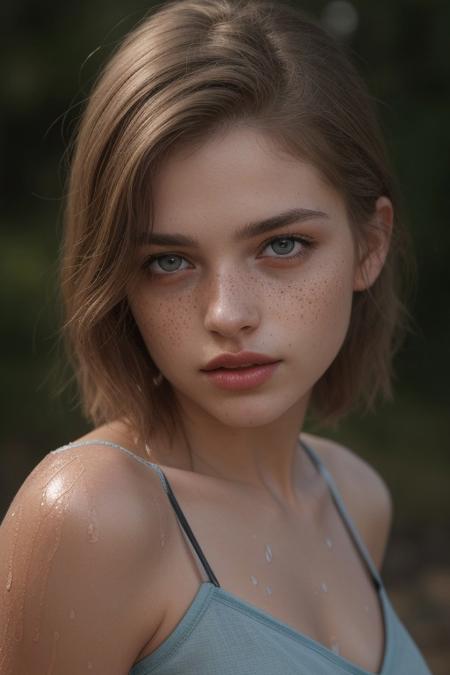 epiCRealism, an outdoor  professional photography of an irish girl with blunt medium length haircut and wet reddish hair, waist up cowboy shot, loose light blue silk camisole with thin straps, light gray eyes, plump glossy wet healthy lips, mouth parted sexily, thin eyebrows, small nose with freckles, petite, slender, fit, perky small breasts, high wind ,vibrant colors, insanely detailed, hyper detailed,  cinematic lighting, high quality, realistic textured skin and skin details,  detailed pupils, cute, highly detailed, RAW photo,  skin pores, skin fuzz,  subsurface scattering, she is provocative and alluring