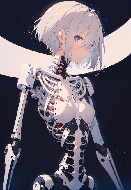 masterpiece, best quality, upper body, from side,
solo, 1girl, spine, short hair, monochrome, bone, standing, transparent, ribs, skeleton, looking at viewer, greyscale, mechanical parts, hair over one eye, white hair, shiny, robot joints, black