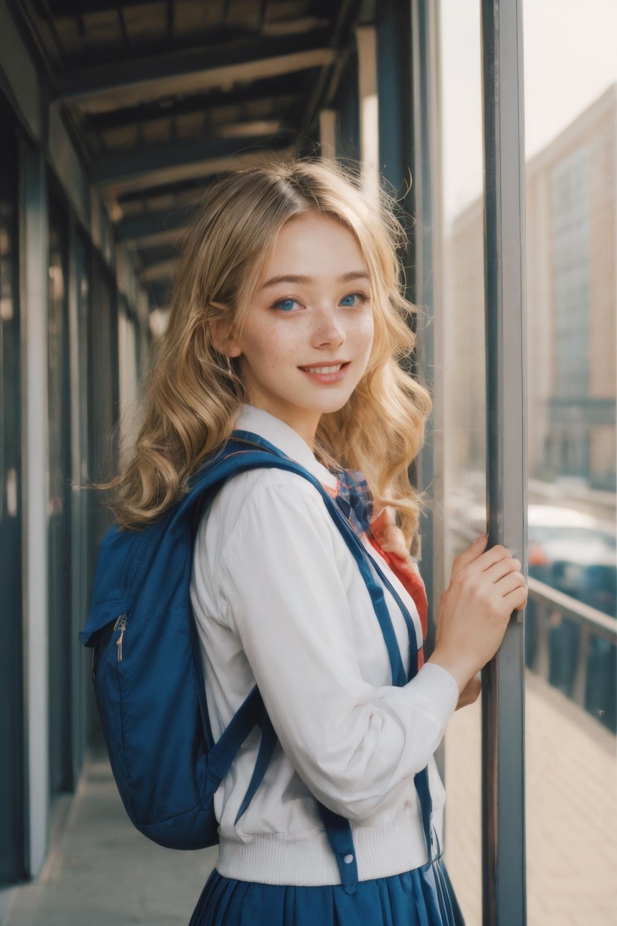A smiling blonde woman wearing a blue backpack and red tie.