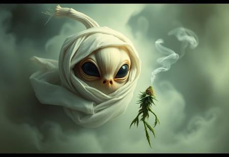 Picture an otherworldly scene: an alien garlic bulb floats in a swirling, surreal fog, cloaked in a windswept shroud, locking its gaze directly at the viewer. Nearby, a laid-back, anthropomorphic weed bud leans in, exhaling smoky tendrils that blend into the swirling garlic imagery around them. The image feels like an award-winning photograph, every detail intricate and high-res. Captured with the nostalgic grain of 35mm film, the scene has a vignette, grainy texture, and Kodachrome tones that evoke a dreamlike, Lomography-inspired mood.