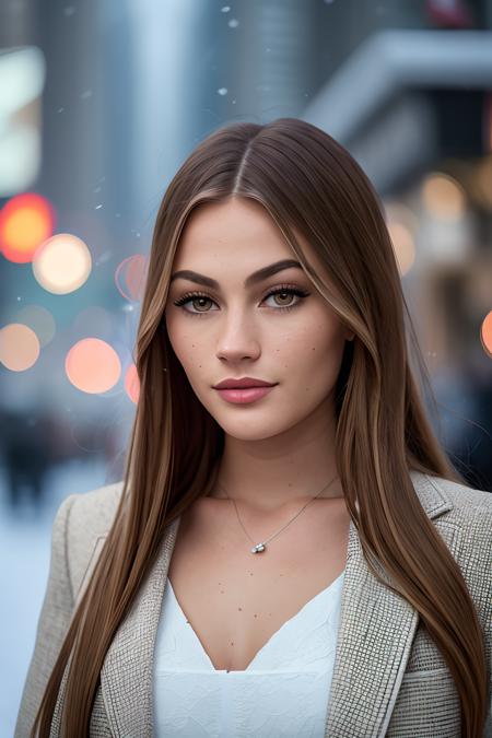 professional portrait photograph of nadiajemez in winter clothing, beautiful face, cute natural makeup, freckles, wearing elegant dress, fashion clothing, ((standing outside in snowy city street)), stunning modern urban upscale environment, ultra realistic, concept art, elegant, highly detailed, intricate, sharp focus, depth of field, f/1. 8, 85mm, medium shot, mid shot, (centered image composition), (professionally color graded), ((bright soft diffused light)), volumetric fog, trending on instagram, trending on tumblr, hdr 4k, 8k, (closeup portrait:1.2)