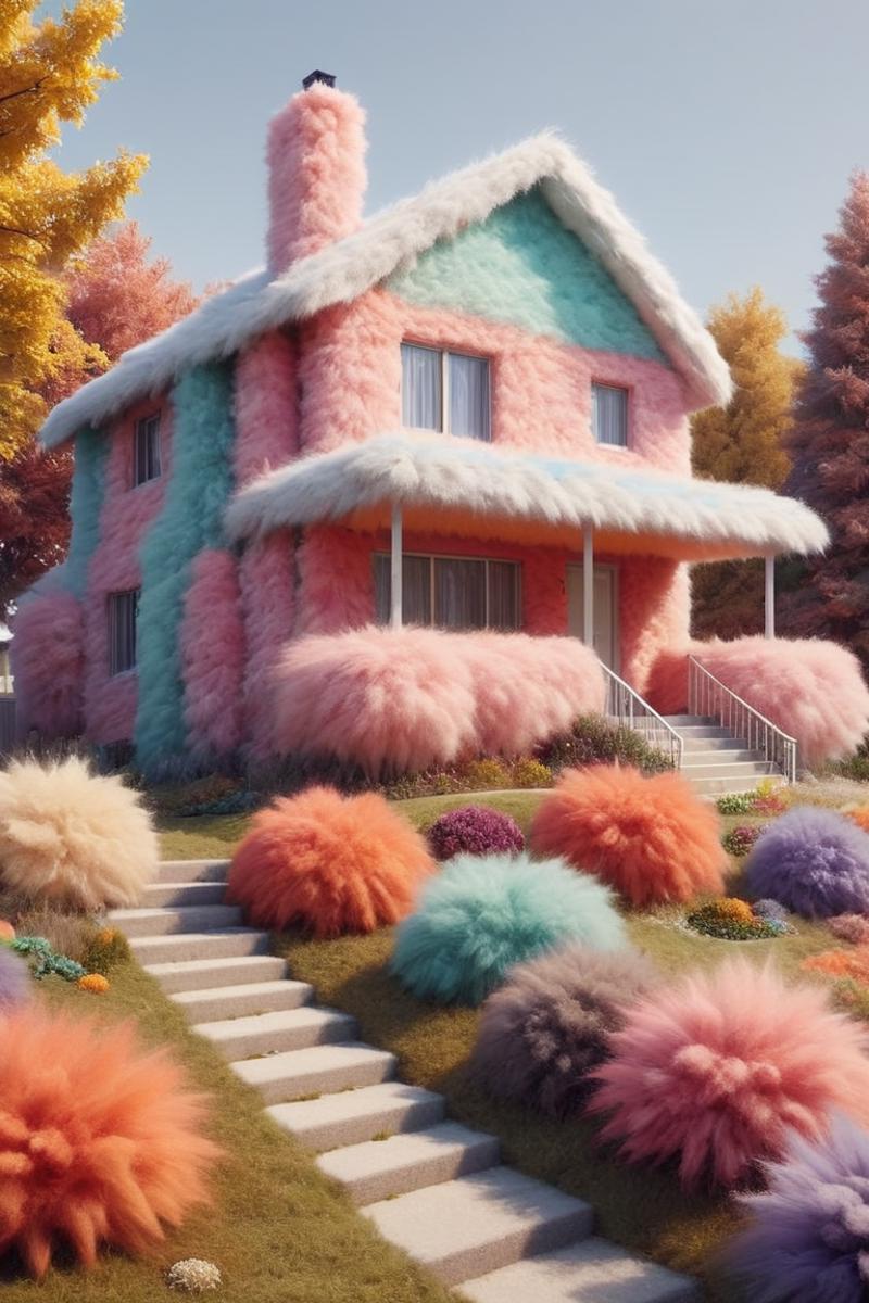 A colorful house with a pink roof and a flock of fluffy sheep outside.