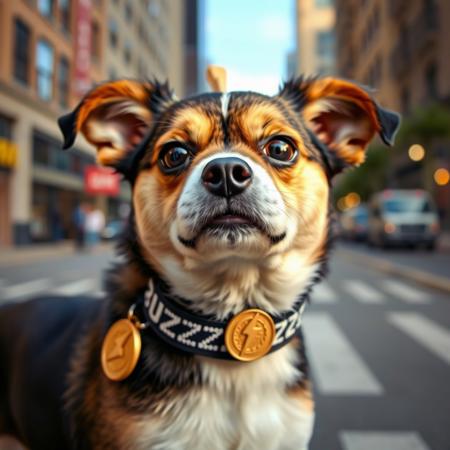 cute dog on street with BUZZ written on collar ribbon, lightning bolt symbol on a gold medallion attached to collar, looking at viewer, city background