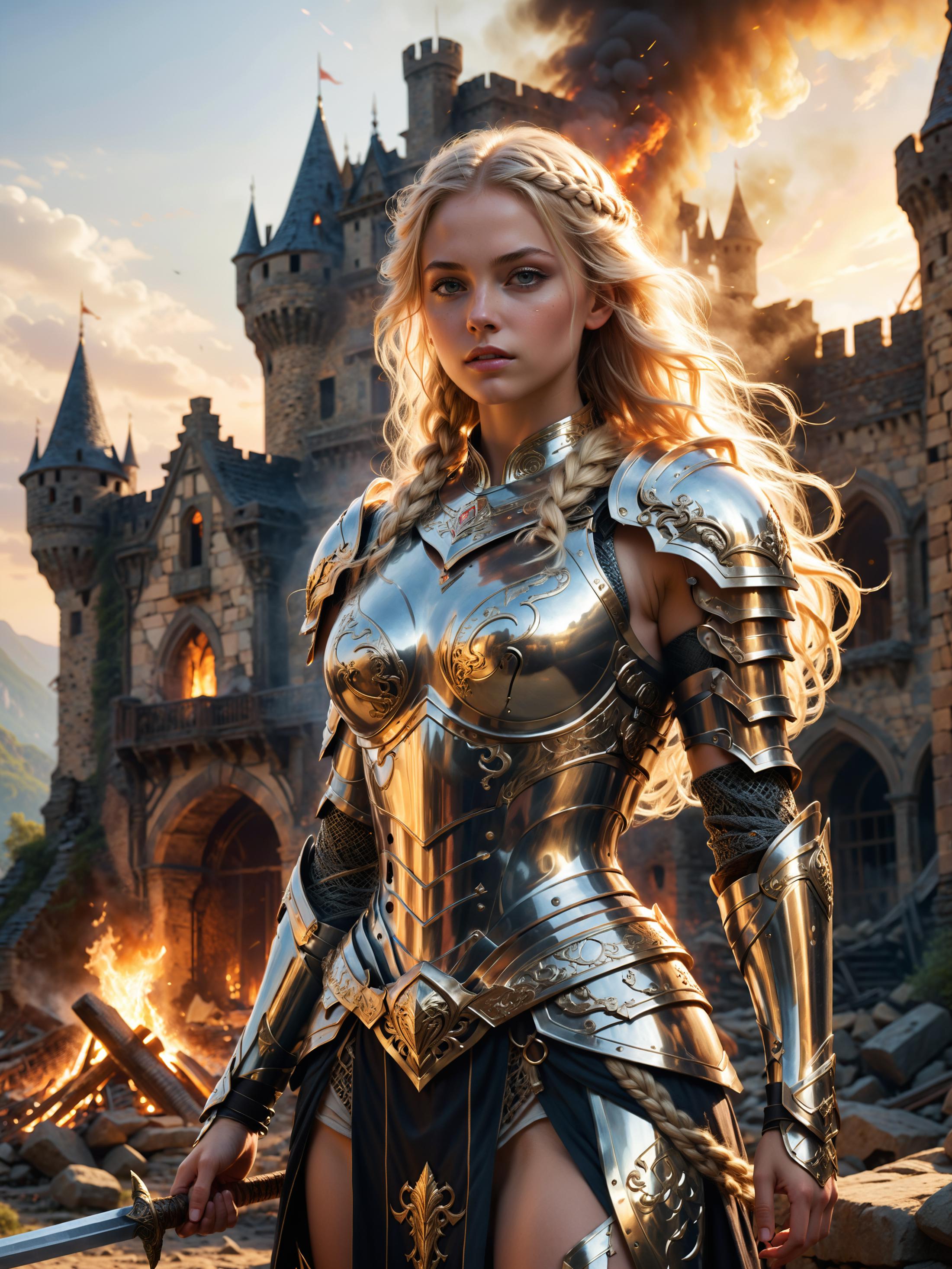 A woman dressed in medieval armor, standing in front of a castle.