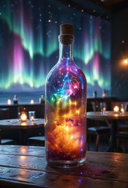 8k, Raw digital photo, jaynl-tm, a bottle and a glass on a table in a restaurant, filled with liquid made of aurora, glowing particles, minimalist, dark background,