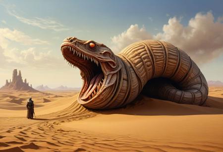 a gigantic sand worm in the desert, medieval, oil painting style