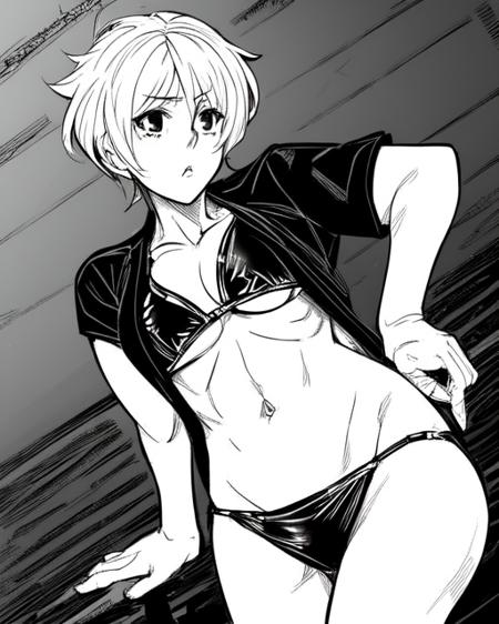 <lora:BaalBuddyStyle:1>
1girl, solo, monochrome, greyscale, upper, ((short)(messy) hair), wearing (bikini, short sleeves)