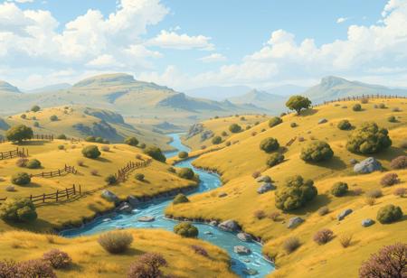 steppe with bushes in a game environment, (small rivers:1.2), ladders, fences, Andries Stock, computer graphics assets, Flat 2D Art extremely beautiful, masterpiece, best quality
