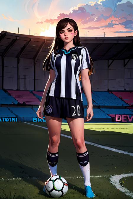 (extremely detailed CG unity 8k wallpaper), (best quality), (ultra-detailed), (best illustration), 1girl, detailed soccer stadium, outdoors, beautiful sunlight, soccer uniform, shorts, socks, soccer, (striped uniform),  green field <lora:D.vaV3:0.55>, deeva \(overwatch 1 version\), d.va /(overwatch 1/), medium breasts,  <lyco:santosfc-10:0.85>, santosfc, black stripes, white stripes, long hair, solo, brown hair, brown eyes, face marking