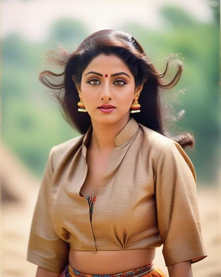 ultrarealistic full body soft focus photo of a 30-year-old sridevi woman, high neck ethnic clothes, Raised upper lip in disdain, tilt-shift shot camera angle, 80s hairstyle, looking at camera, day time at summer, beautiful bokeh <lora:Sridevi_SDXL_LoRA:1>