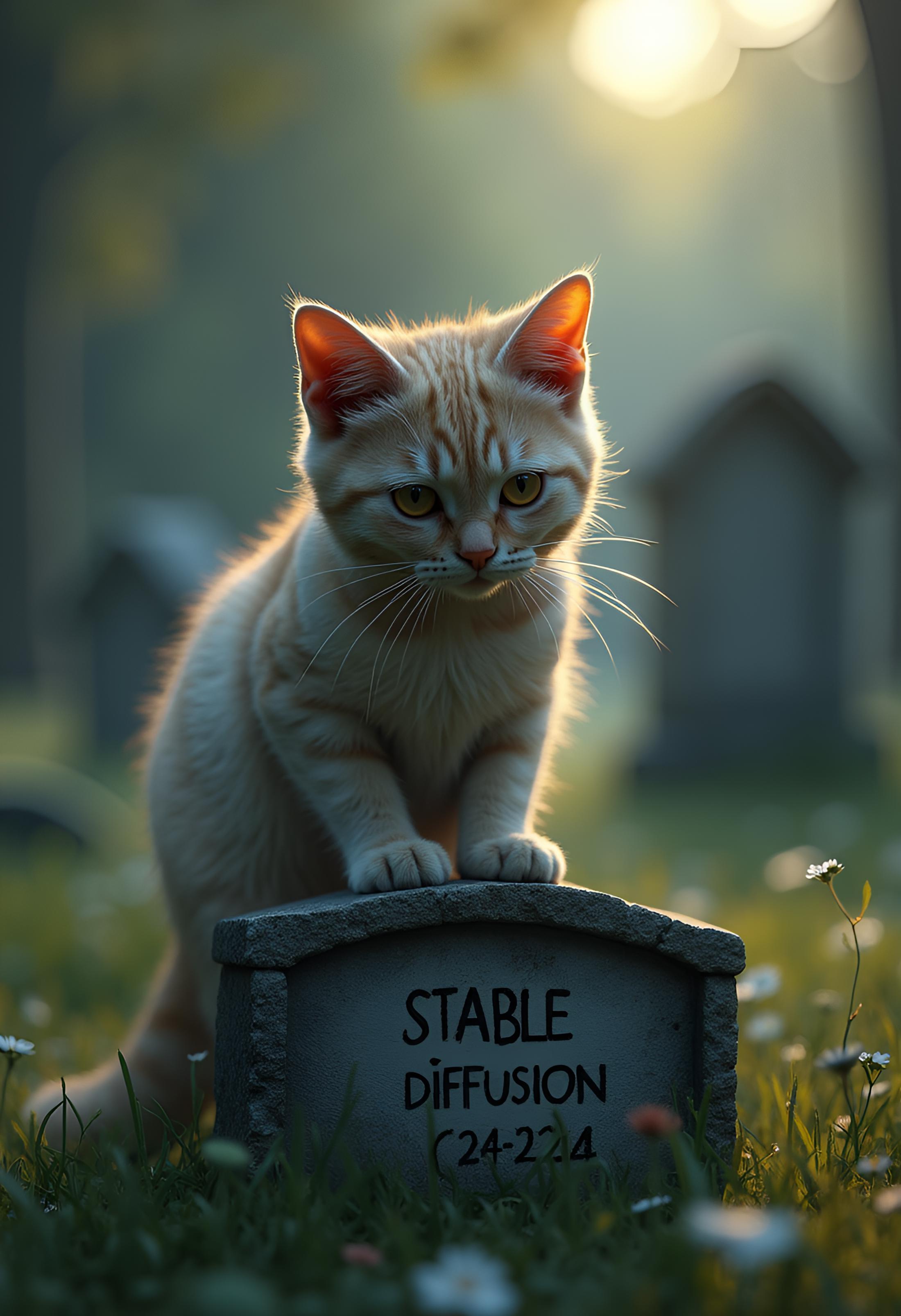 image of a sad, crying cat standing in a graveyard over a gravestone that says " Stable Diffusion 2024-2024", masterpiece, 4k , bokeh