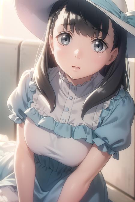 yuzukishiraishi, <lora:yuzuki shiraishi anime s1-lora-nochekaiser:1>,
yuzuki shiraishi, long hair, bangs, black hair, braid, (grey eyes:1.5),
BREAK hat, dress, bow, short sleeves, puffy sleeves, blue dress, white headwear, hat bow, sun hat,
BREAK outdoors,
BREAK looking at viewer, (cowboy shot:1.5),
BREAK <lyco:GoodHands-beta2:1>, (masterpiece:1.2), best quality, high resolution, unity 8k wallpaper, (illustration:0.8), (beautiful detailed eyes:1.6), extremely detailed face, perfect lighting, extremely detailed CG, (perfect hands, perfect anatomy),