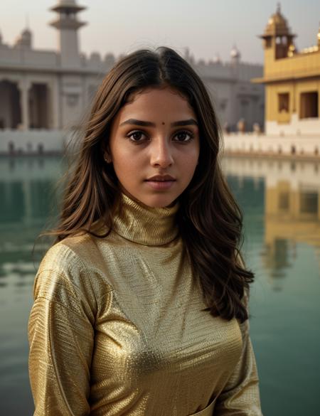 an1ksu photo of (an1ksu) girl, close portrait photo, RAW, nature, Spectacular light, Turtleneck intricate, (Colorful flowering), 8k, soft lighting, high quality, film grain, Olympus OM1 sharp focus, f 3.4, ((detailed eyes)), (seductive pose), upper body, breast, (Golden Temple india)