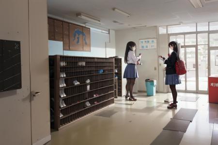 best quality, ultra-detailed, illustration,
getabako, scenery, window, door, shadow, trash can, sign, indoors, 
multiple girls, glasses, black hair, long hair, standing, red necktie, pantyhose, white shirt, shoes, school uniform, blue skirt, collared shirt,
 <lora:getabako1_SD15_V1_DIM4:1>