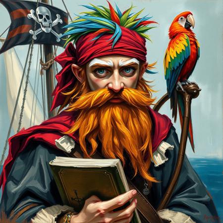 Oil painting rendered in a loose, impressionistic style with thick, expressive brush strokes. Full body portrait of a young pirate wizard. His outfit is a mish mash of wizard-like and pirate clothes. He wears a red bandana and has a long ginger beard. He has big white eyebrows. His hair is a mixture of colors: blue, red, yellow, green. He holds a book and a wizard's staff. The background shows a pirate ship with a pirate flag. On his shoulder sits a colorful parrot.