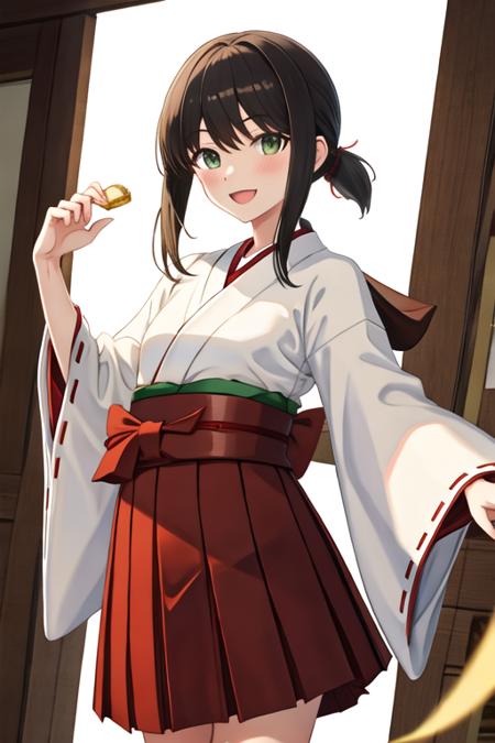 best quality, masterpiece, highres, solo, {white kimono:1.35}, {red hakama:1.35}, {wide sleeves:1.20}, {fubuki_kantaicollection:1.15}, black_hair, ponytail, short_ponytail, serafuku, sidelocks, low_ponytail, smile, green_eyes, open_mouth, blush