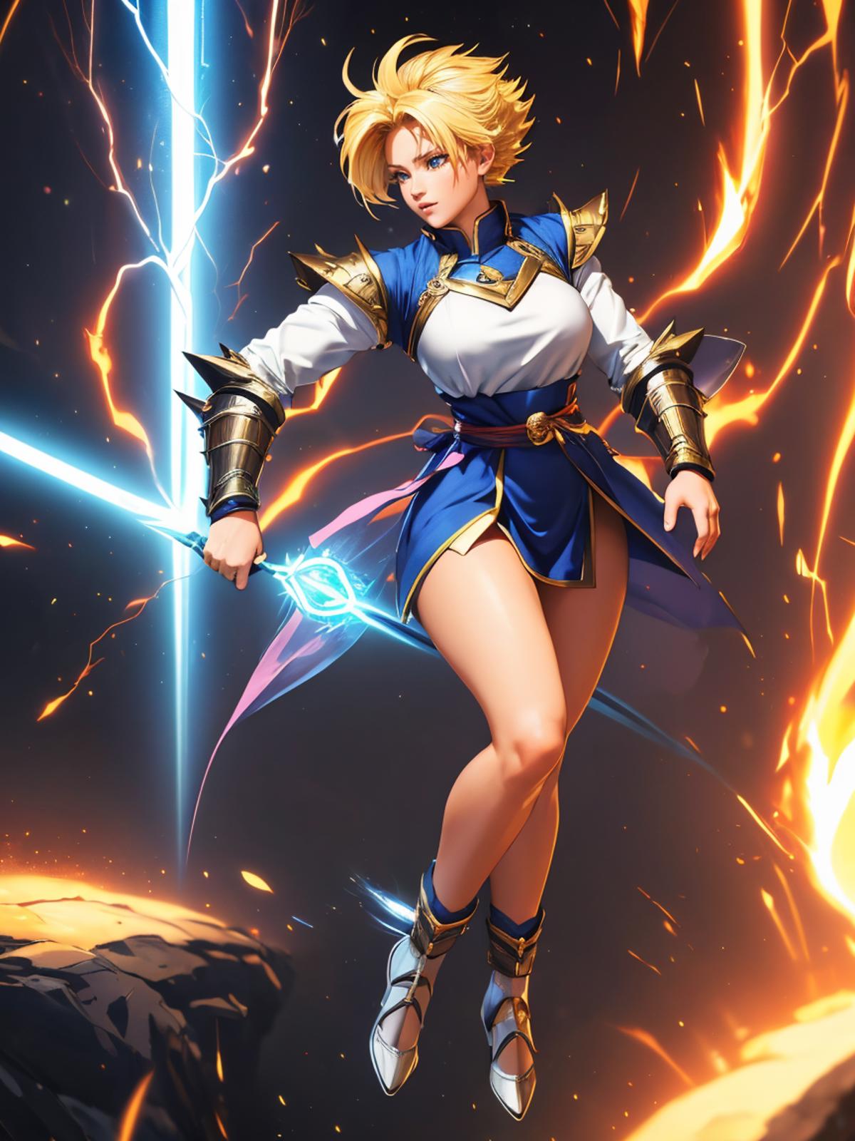 A 3D animated image of a woman in blue and white, holding a sword and standing on one foot.
