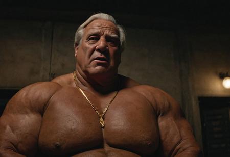 (photo, realistic, raw), (nighttime, at night, dark, dark hard shadows, cinematic atmosphere, movie grain, hazey atmosphere), closeup from below, (brute, etherial, spiritual, emperor, king, god), old burly buff gentleman, old manly mature man, combed back hair,  doublechin, old tanned grandpa, wrinkly neck, proud big chest, thick neck, armpits, tanned skin, tight golden spandex, gold jewellery, gold necklace, in a dark locker room at night, nighttime, arrogant disgusted disappointed smile, intimite situation, romantic atmosphere, loving expression, friendly, intimate, very personal and initimate, belly and pecs from below