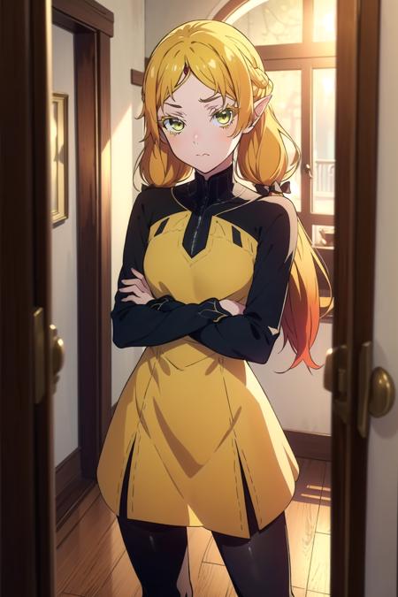 ((best quality)), ((masterpiece)), <lora:idk:0.8>, (suidefault:1.1), eyelashes, colored eyelashes, blonde hair, gradient hair, long hair, low twintails, hair_bow, circlet, (yellow sleeveless dress:1.1), (black long sleeves:1.1), black pantyhose, looking at viewer, standing, legs apart, crossed arms, pout, indoors, small room