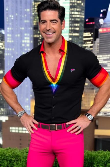 <lora:Jesse Watters (Fox News) - Trigger is Jessewatters Person:1> jessewatters person wearing a super tight black BDSM outfit with gay pride rainbow colored trim to a superbowl party. Lipstick, fabulous.