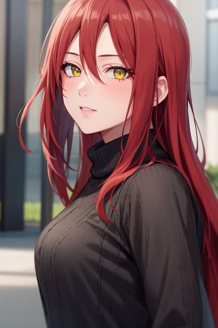 masterpiece, (best quality), 1woman,1girl,solo ,kawasegawa_eiko1,  red hair ,  long hair,yellow eyes,hair between eyes, sweater, white shirt,best quality , vibrant colors ,natural lighting  ,RTX,   beautiful, (detailed face:1.2), showcase, (photorealistic:1.2), 8k uhd,  looking a viewer,  (detailed eyes:1.2), simple backround, black pupil, (upper half of body), (beautiful)