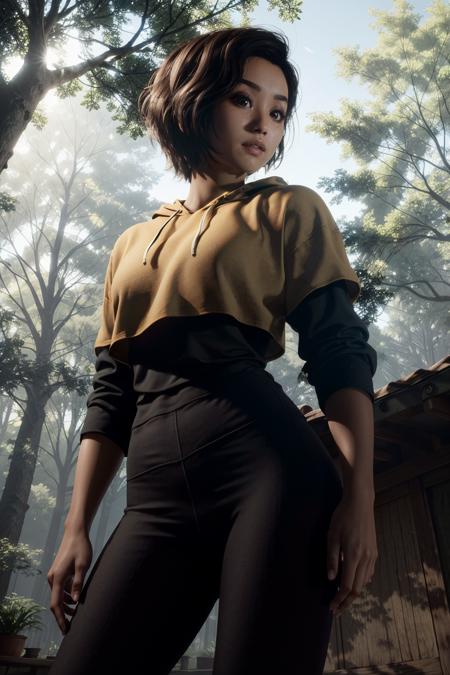 (masterpiece, best quality) <lora:epi_noiseoffset2:1>  <lora:add_detail:0.7>  <lora:QuarryKaitlyn:0.8>
QuarryKaitlyn, 1girl, solo, short hair, brown hair, shirt, holding, brown eyes, standing, cowboy shot, outdoors, pants, dark skin, hood, dark-skinned female, tree, hoodie, camera, handheld game console, very dark skin