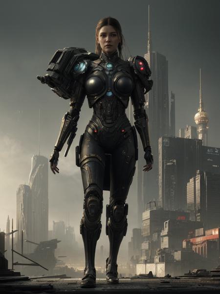 Cinematic photo of a stunning cyborg model in red with open shoes, luxurious dress, layered texture style, ornate details, gothic core, high detail, photorealism, attractive, gorgeous beauty as she dominates and stands confidently in a deserted place. , a dark post-apocalyptic cityscape reflecting a jarring juxtaposition of beauty and decay, with the model's flawless skin shining like a beacon of hope amidst a devastated cityscape. photographed with focused depth of field to blur the bleak surroundings, highlighting her vibrant, rebellious pose. whole body, golden hour., Cyberpunk Art, cyberpunk, in heavy raining futuristic tokyo rooftop cyberpunk night, sci-fi, fantasy, intricate, very very beautiful, elegant, neon light, highly detailed, digital painting, artstation, concept art, soft light, hdri, smooth, sharp focus, illustration, art by tian zi and craig mullins and wlop and alphonse mucha