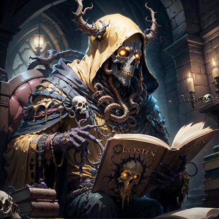 <lora:Hastur-000001:.7> Hastur, king in yellows, skull, reading necronomicon