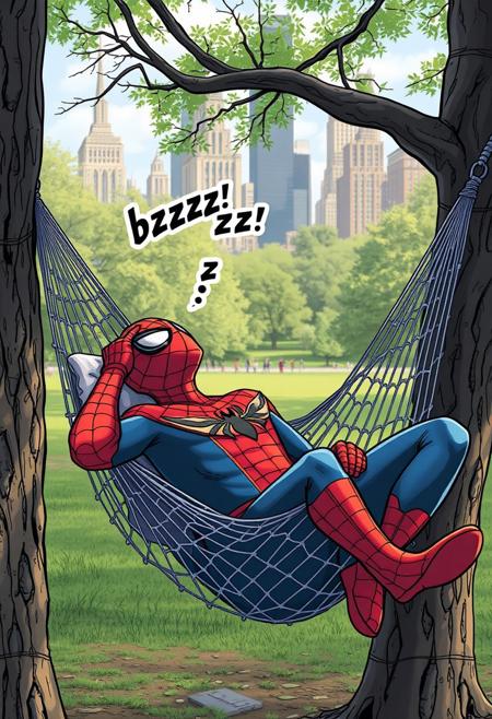 Marvel's Spider-Man taking a nap in a hammock made of web. The word "buzzzzzzz..." comes out of the hero's head as if it were a snore. The hammock is hanging between two trees. New York's Central Park in the background.