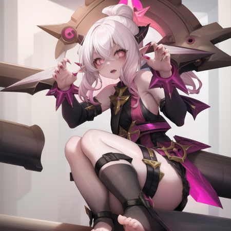 <lora:Briar:0.8> 1girl, solo female, briar, clothed, feet, foot wrappings, pale skin, white eyes, pink white hair, pointy teeth, zombie, vampire, pointy ears, sharp nails, (pillory), masterpiece, high quality