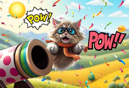 score_9, score_8_up, score_7_up, rei-kun-style, masterpiece, best quality, - **Subject:** Close-up of a cat being hilariously launched from a whimsical cannon  
- **Cat:** A fluffy, wide-eyed feline with its fur hilariously puffed up, mid-flight, wearing a tiny aviator scarf and goggles  
- **Cannon:** A comically oversized, colorful cannon adorned with polka dots and streamers, with a cartoonish "POW!" cloud bursting from the muzzle  
- **Energy:** Sparkling confetti, rainbow-colored streaks, and exaggerated swirls of smoke spiraling outward in a playful explosion  
- **Background:** Lighthearted, blurred cartoon landscape with rolling hills, silly clouds, and a sun wearing sunglasses  
- **Lighting:** Bright and cheerful, with vibrant rainbow hues highlighting the cat and sparkling confetti  
- **Atmosphere:** Whimsical, absurd, and full of slapstick humor  
- **Mood:** Playful, silly, and guaranteed to make you laugh  
- **Style:** Cartoonish with exaggerated expressions, bold outlines, and vibrant, cheerful colors