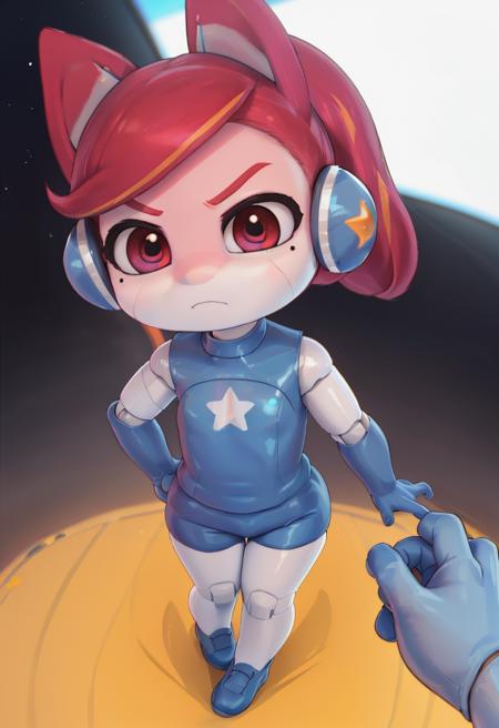 ai_one , 1 girl  , red hair , animal ears  ,  , star (symbol) , red eyes , headphones  ponytail blue  body suit  ,  sleeveless ,blue shorts ,   white legs ,  mole under eye android, joints