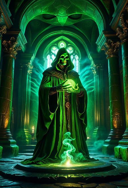 aidmamj6.1, necromancer, casting a spell, lime green magic, crypt, mist, light beams, fantasy building interior, detailed background, Detailed face, detailed eyes, perfect eyes, absurdres, high quality, masterpiece, very aesthetic, 8K resolution, ultra-detailed cinematic composition, contemporary concept art style, volumetric magical atmosphere with ethereal glow, rich complementary color palette, vivid gradients and chiaroscuro contrast, dynamic perspective with layered depth of field, inspiring awe-inspiring mood, Unreal Engine 5 render quality, intricate textures, flawless anatomy, rule of thirds composition, luminous highlights, surreal ambiance, award-winning illustration, harmonious balance of light and shadow, photorealistic details, ArtStation trending, chromatic accents, nostalgic futurism, dreamlike serenity, bold creativity, professional finish, sharp focus, ambient background, fascinating dynamic motion,, Baroque art style, dynamic composition, dramatic lighting, rich colors, intricate details, professional-grade execution, captures the grandeur and theatricality of the Baroque period